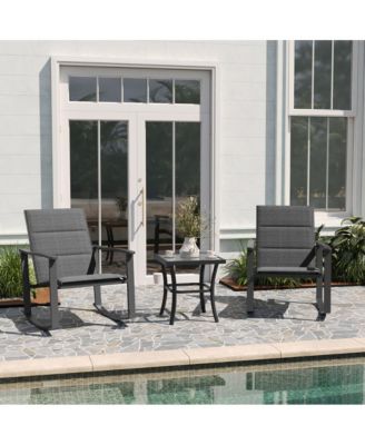 Brevyn 3 Piece Outdoor Bistro Set With Flex Comfort Rocking Chairs And Steel Framed Glass Top Table