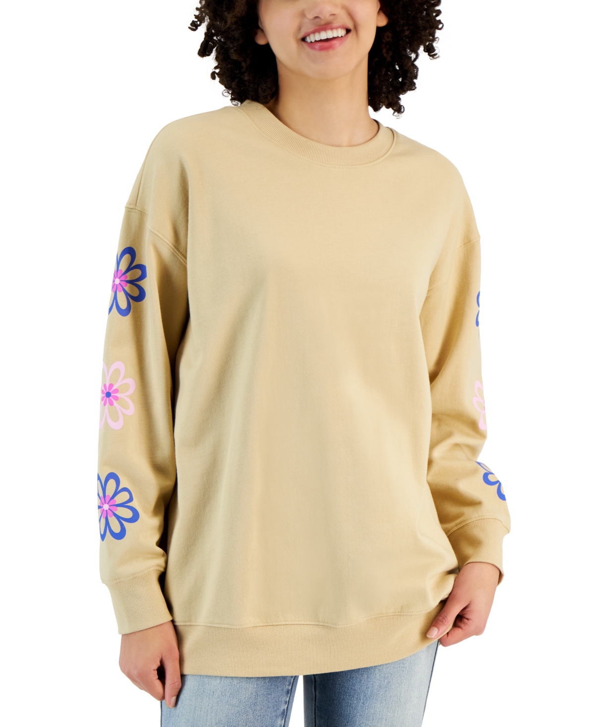 Juniors' Floral Long-Sleeve Crewneck Sweatshirt - Safari