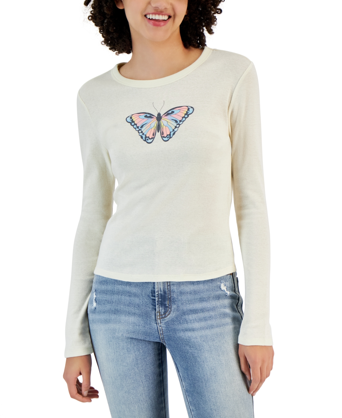 Juniors' Long-Sleeve Crewneck Butterfly Graphic T-Shirt - Antique White
