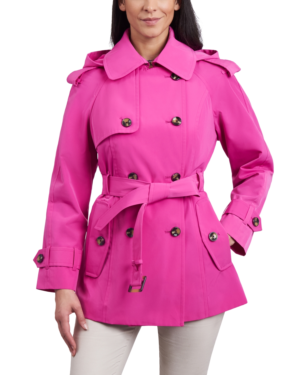 Women's Double-Breasted Belted Trench Coat - Coral