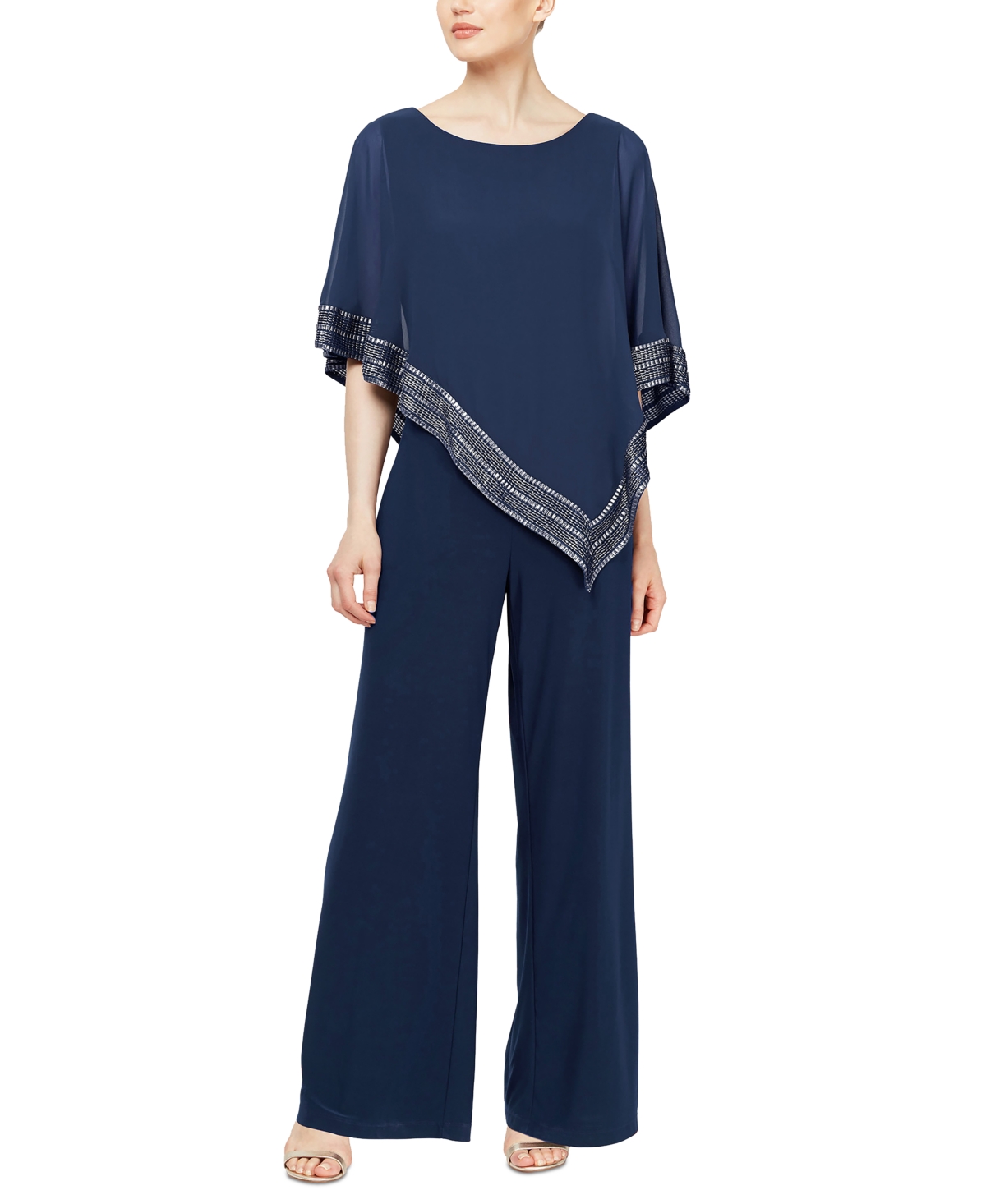 Sl Fashions Petite Asymmetrical-overlay Jumpsuit In Navy,silver