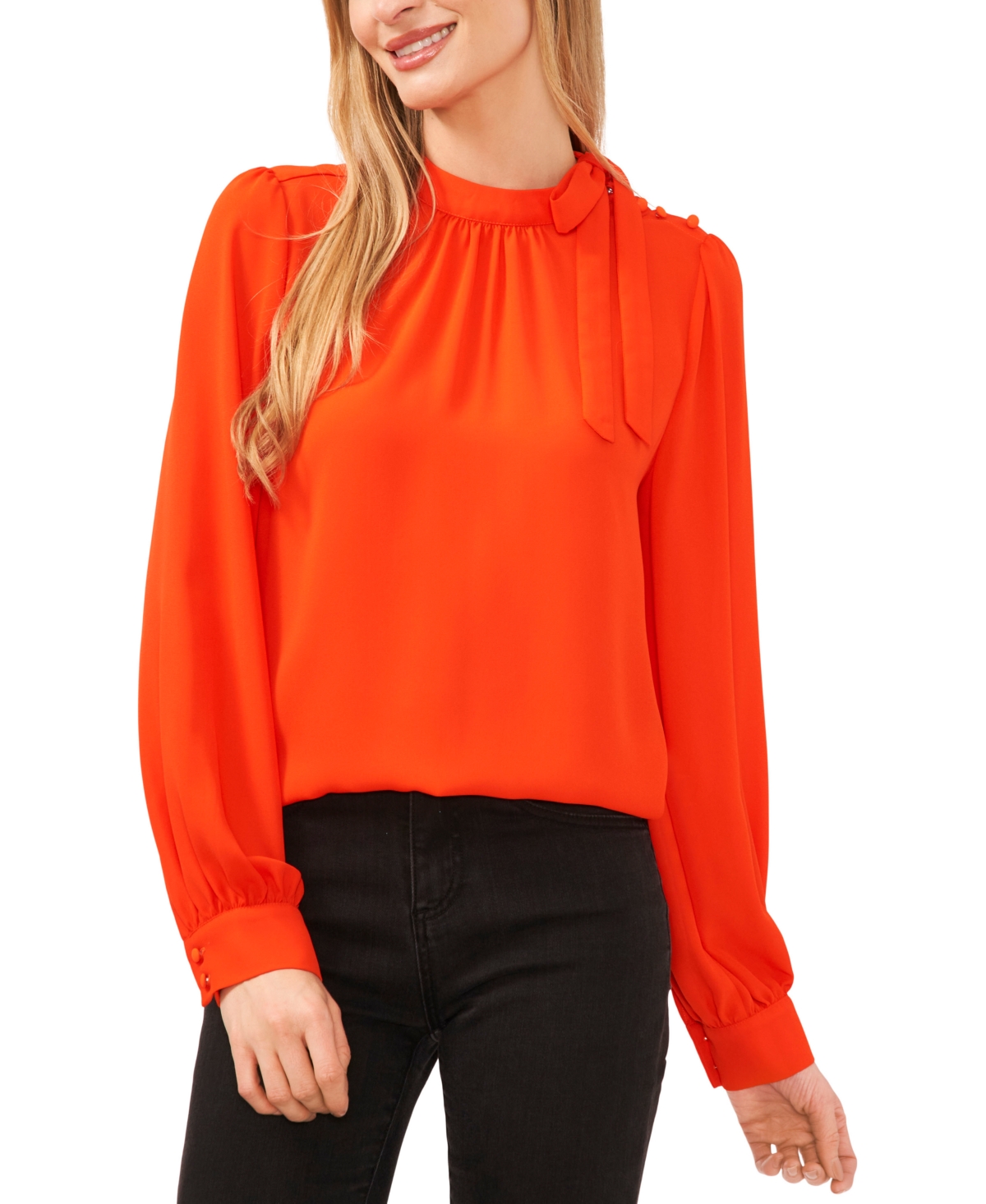 Cece Button Detail Tie Neck Blouse In Cherry Pop