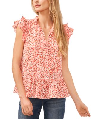 CeCe - Women's Printed Ruffle-Trimmed Tie-Neck Blouse