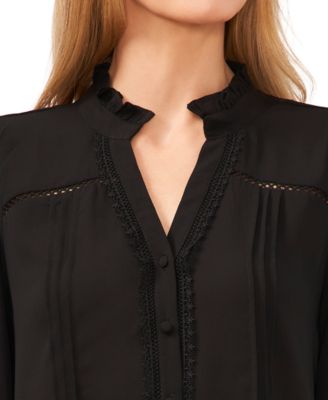 Women's Lace Trimmed Pintuck 3/4-Sleeve Button Front Blouse