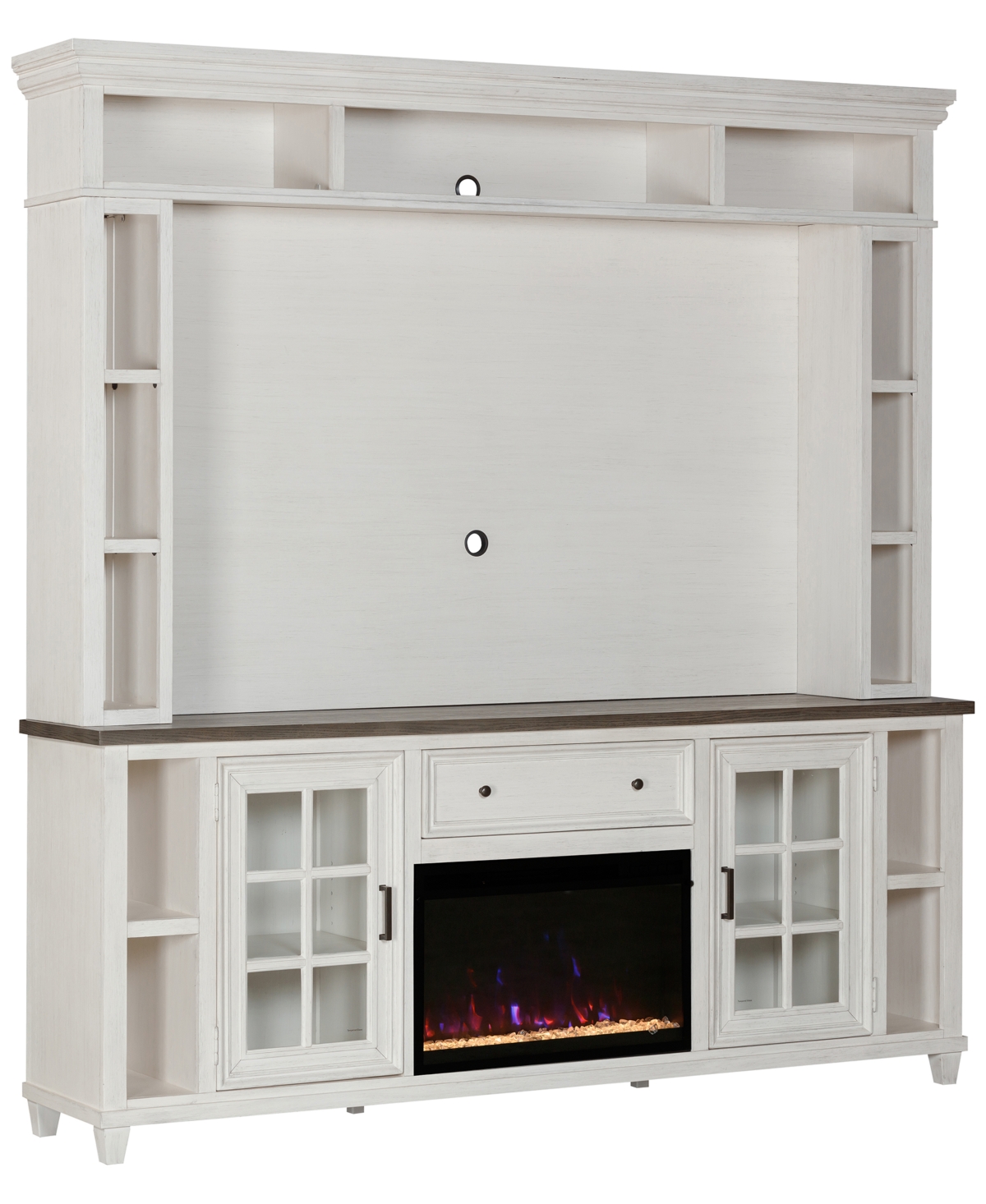 Macy's 84" Dawnwood 3pc Tv Console Set (84" Console, Hutch And Fireplace) In White