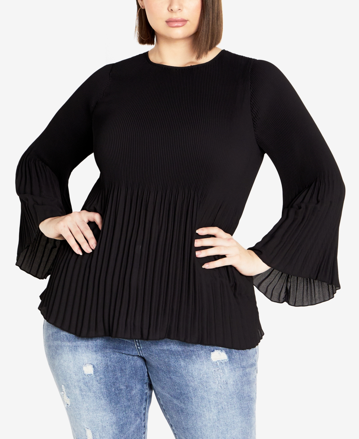 Avenue Plus Size Jay Pleat Round Neck Shirt Top In Black