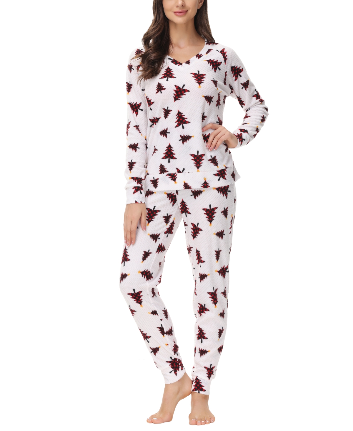 Ink+ivy Women's Printed Microfleece V-neck Long Sleeve Top With Jogger 2 Pc Pajama Set In Christmas Tree