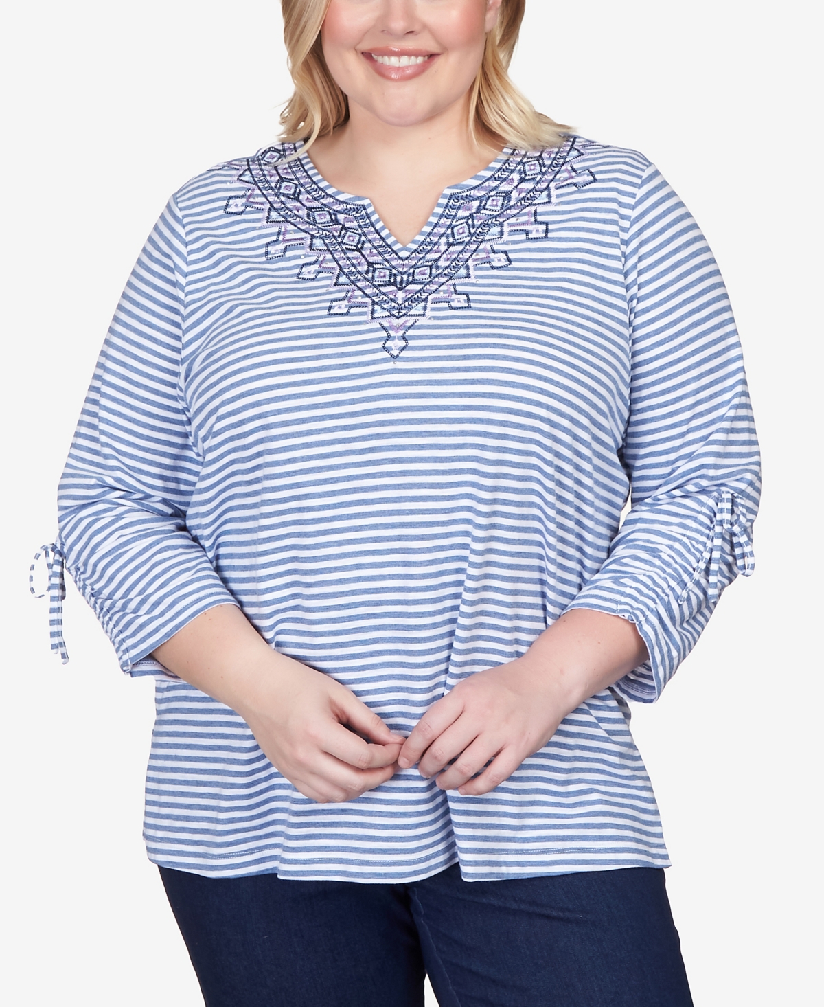 Shop Alfred Dunner Plus Size Lavender Fields Stripe Geo Embroidered Split Neck Top In Blue