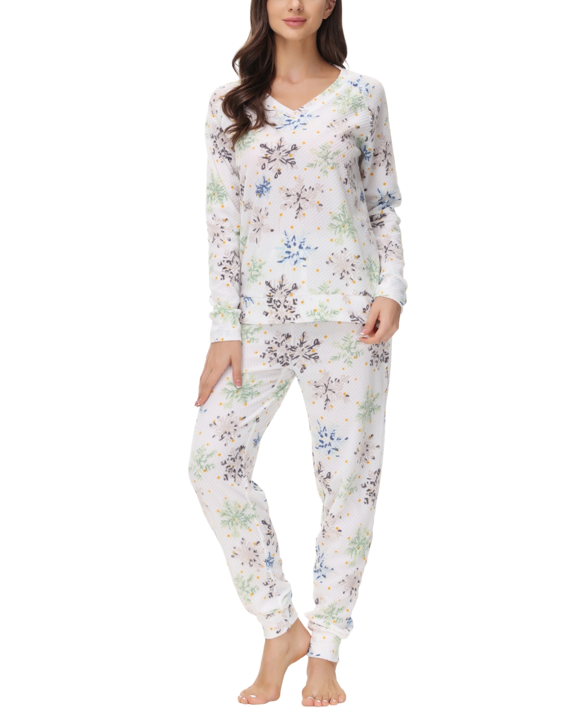 Women's Printed Microfleece V-neck Long Sleeve Top with Jogger 2 Pc Pajama Set - Snowflake