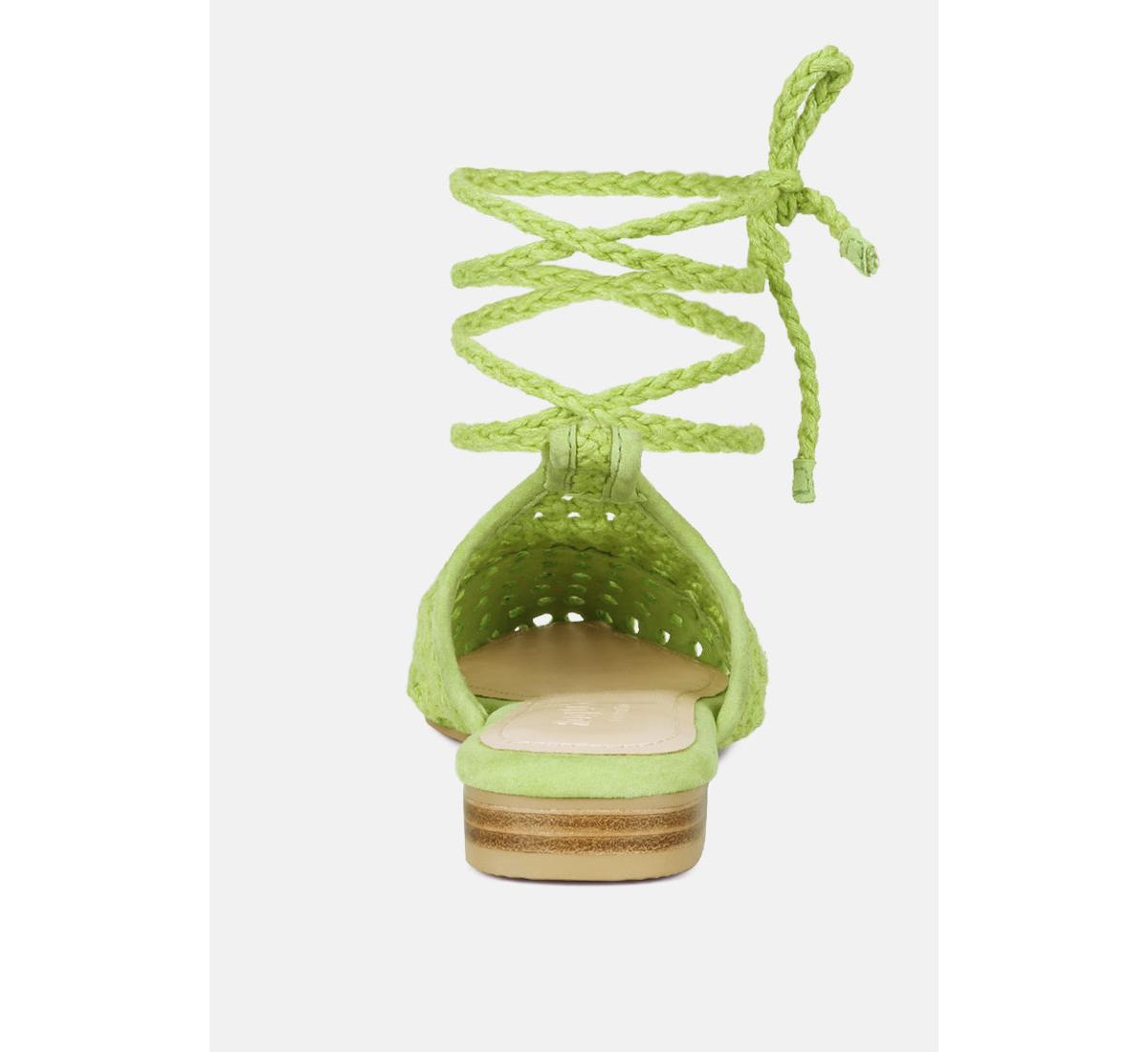 Rag & Co TutsiHandwoven Honeycomb Tie Up Flat Mules - Green