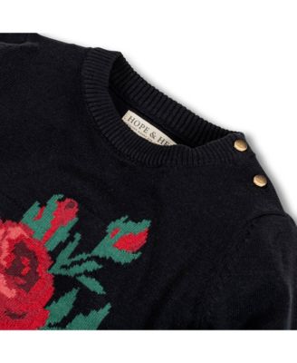 Girls Long Sleeve Rose Intarsia Sweater