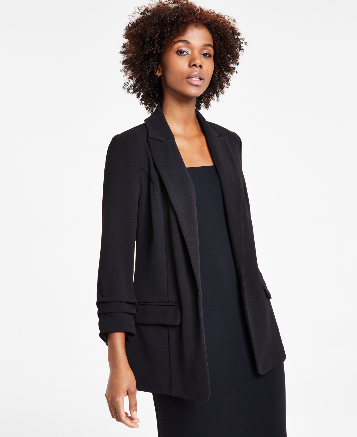 Petite Solid Notched-Collar Ruched-Sleeve Blazer, Created for Macy's - Everglade Green