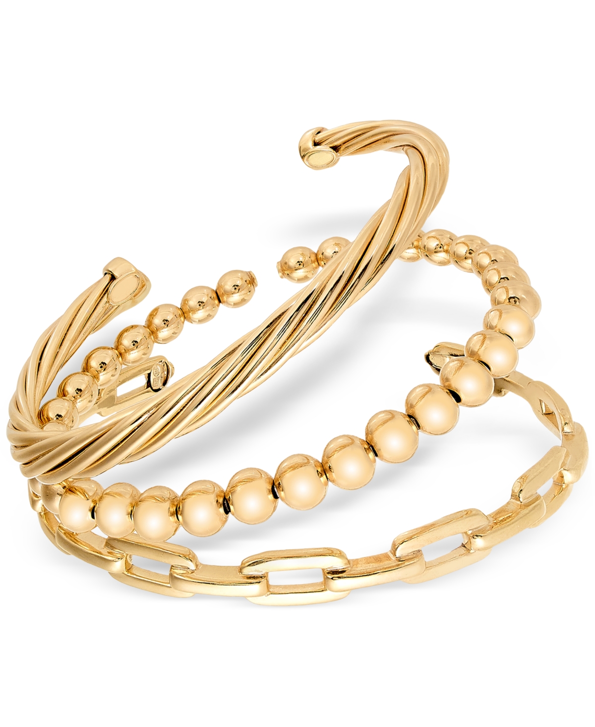 Macy's 3-pc. Set Beaded, Torchon & Paperclip Cuff Bangle Bracelets In 14k Gold-plated Sterling Silver In Gold Over Silver