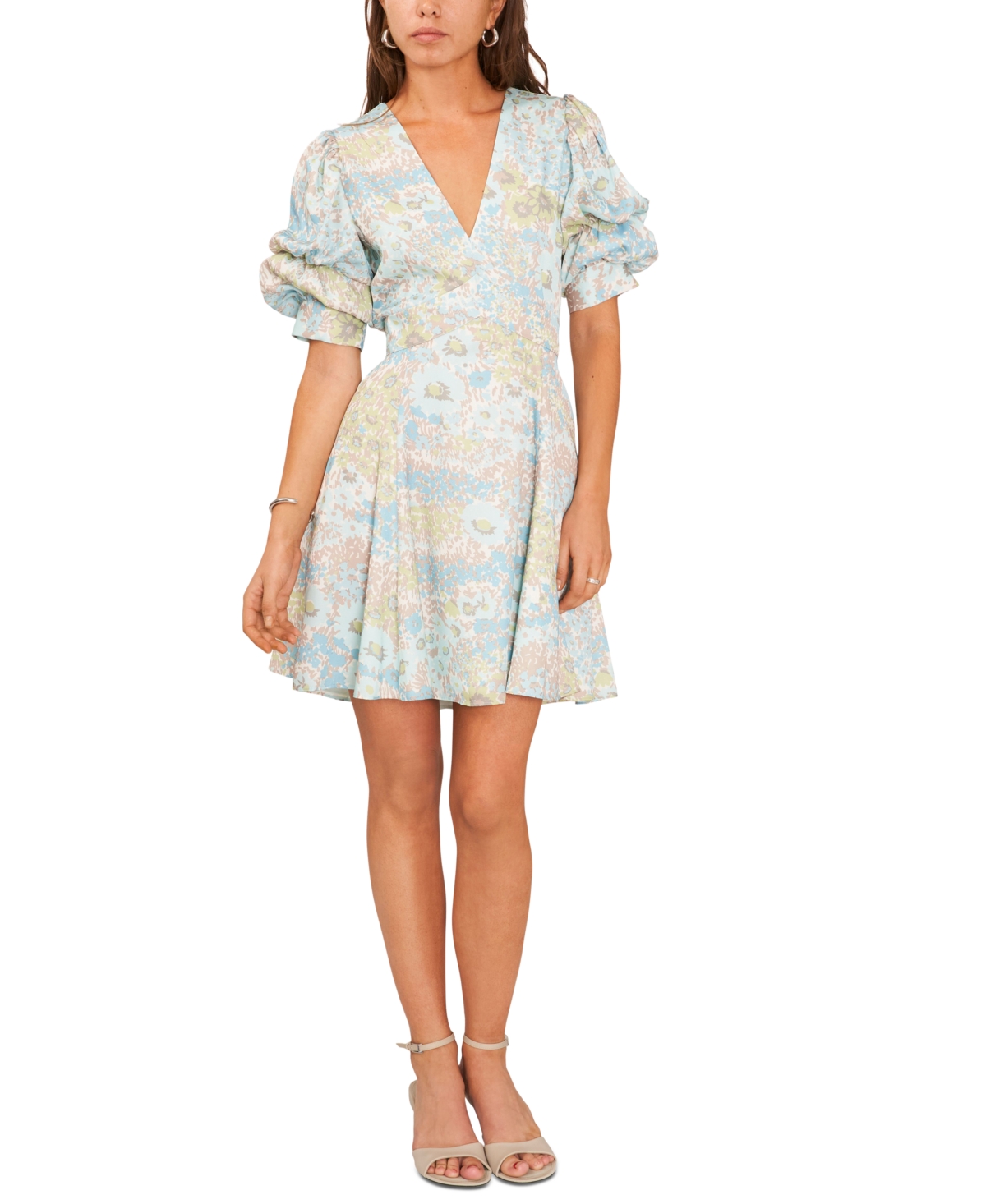 Shop 1.state Women's Floral V-neck Tiered Bubble Puff Sleeve Mini Dress In Blue River