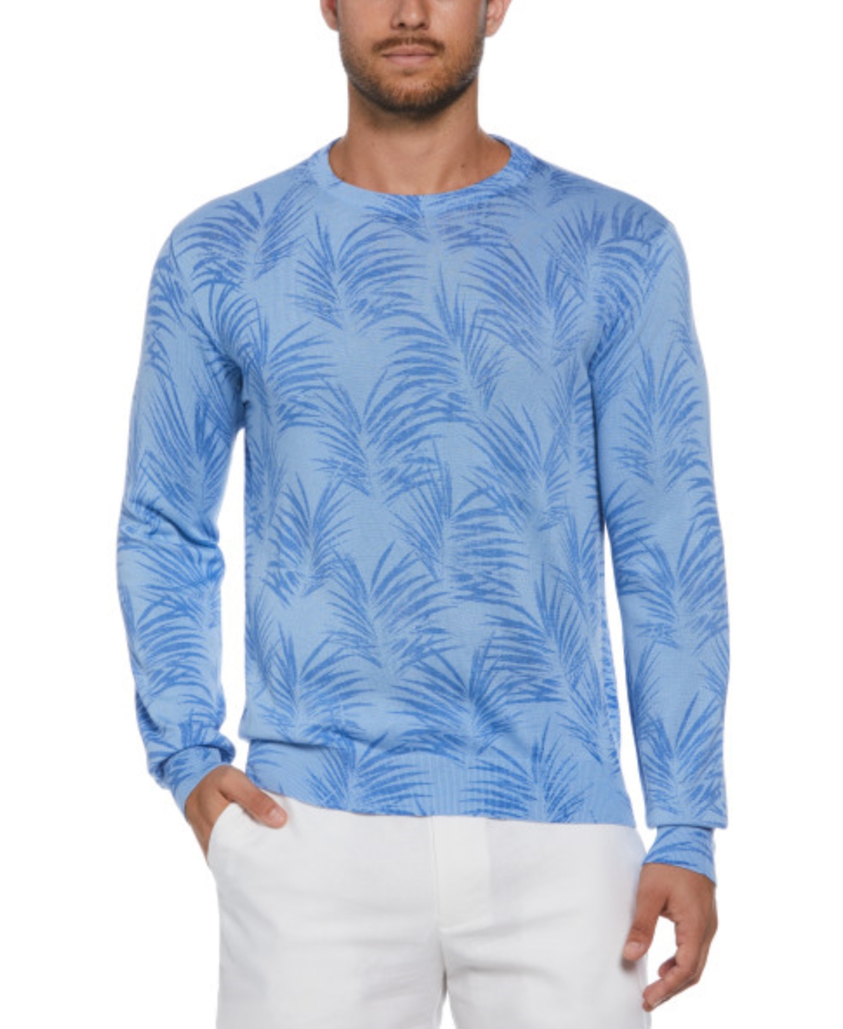 Men's Palm Print Crewneck Jacquard Sweater - Della Robin Blue