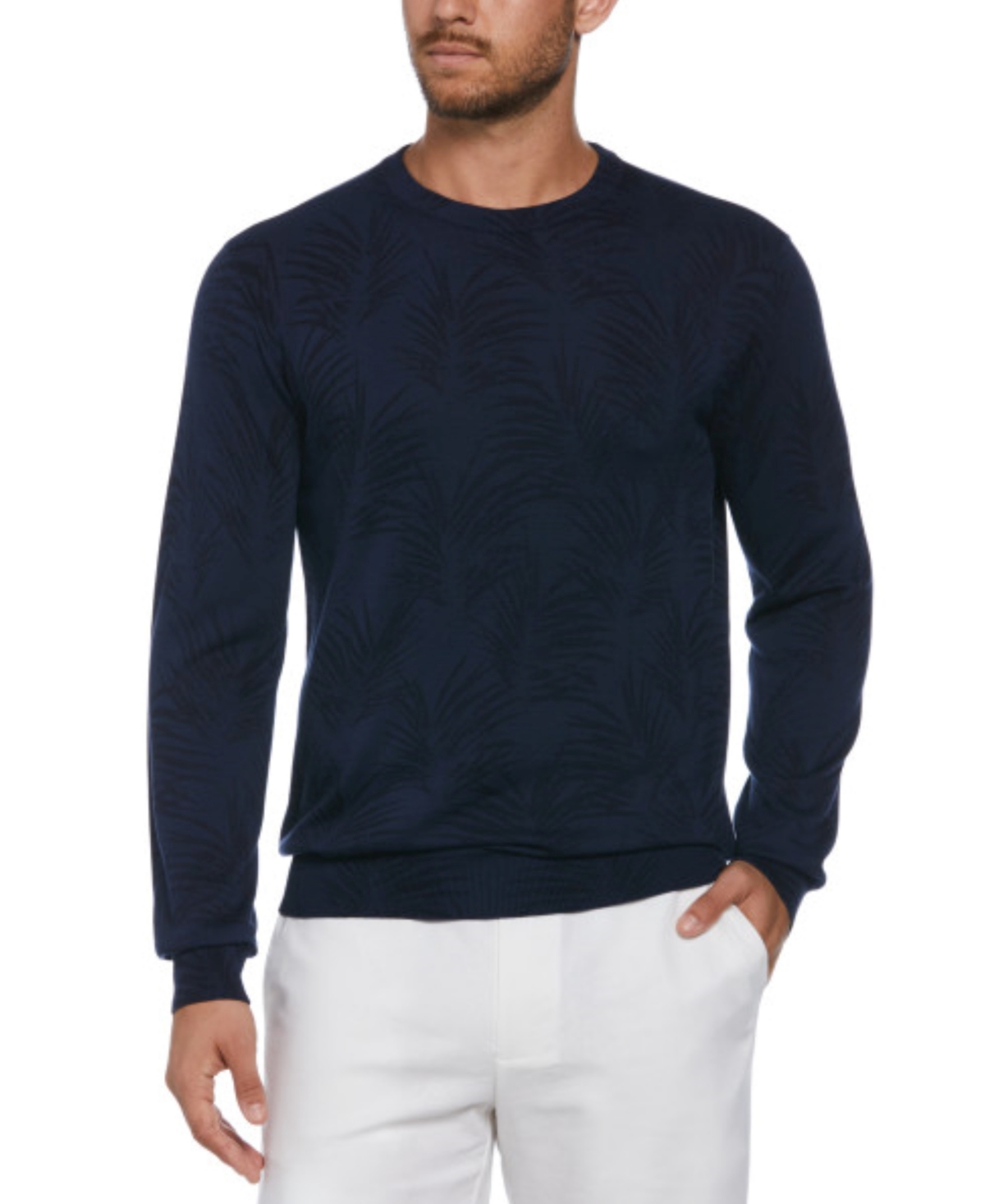 Cubavera Men's Palm Print Crewneck Jacquard Sweater In Naval Academy