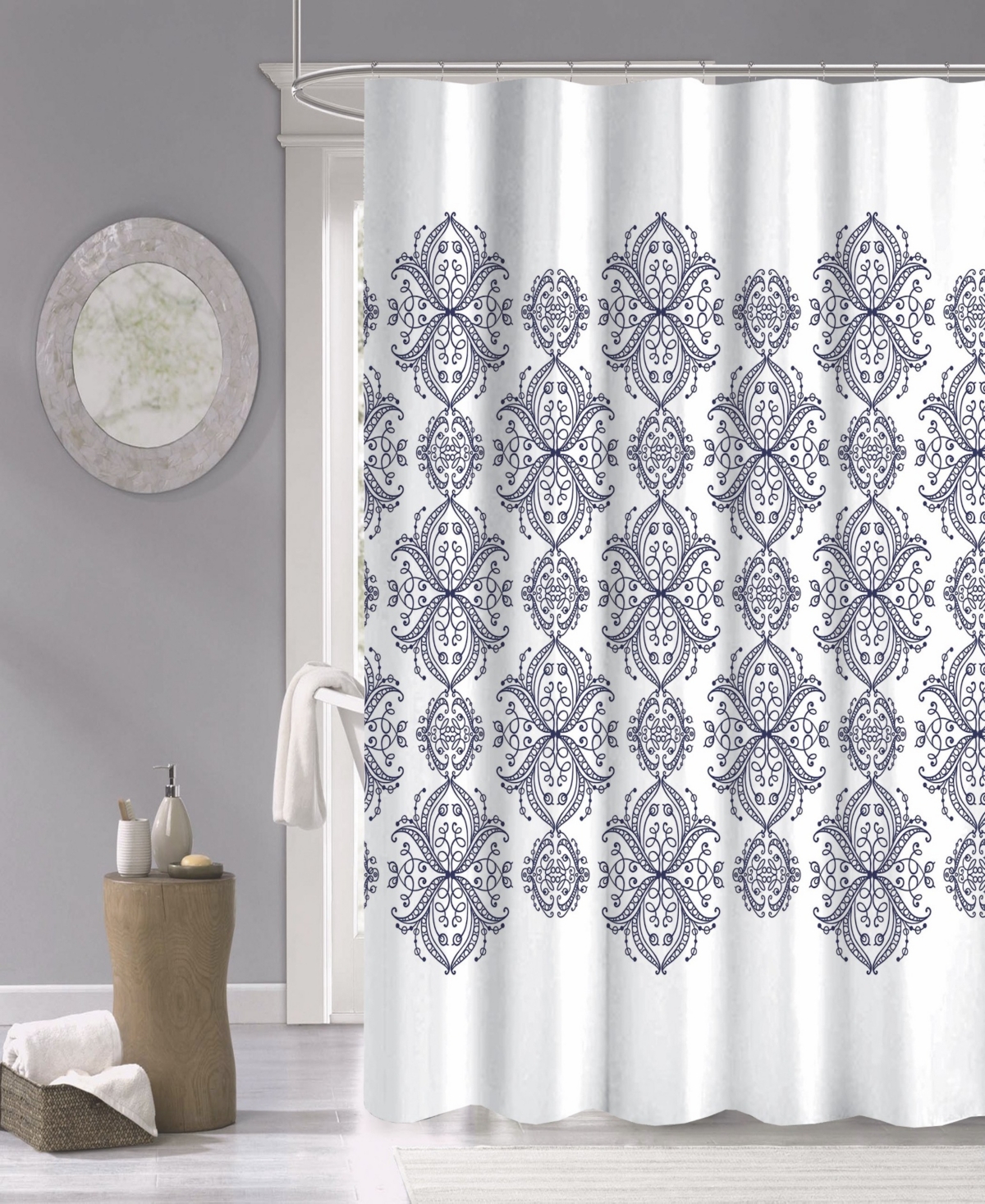 Dainty Home Royale 100% Cotton Shower Curtain, 72" X 70" In White With Navy