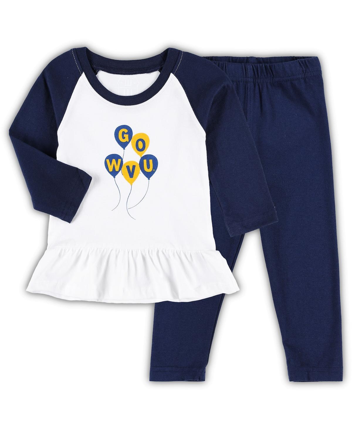 Wes & Willy Babies' Girls Infant  White, Navy West Virginia Mountaineers Balloon Raglan 3/4-sleeve T-shirt An In White,navy