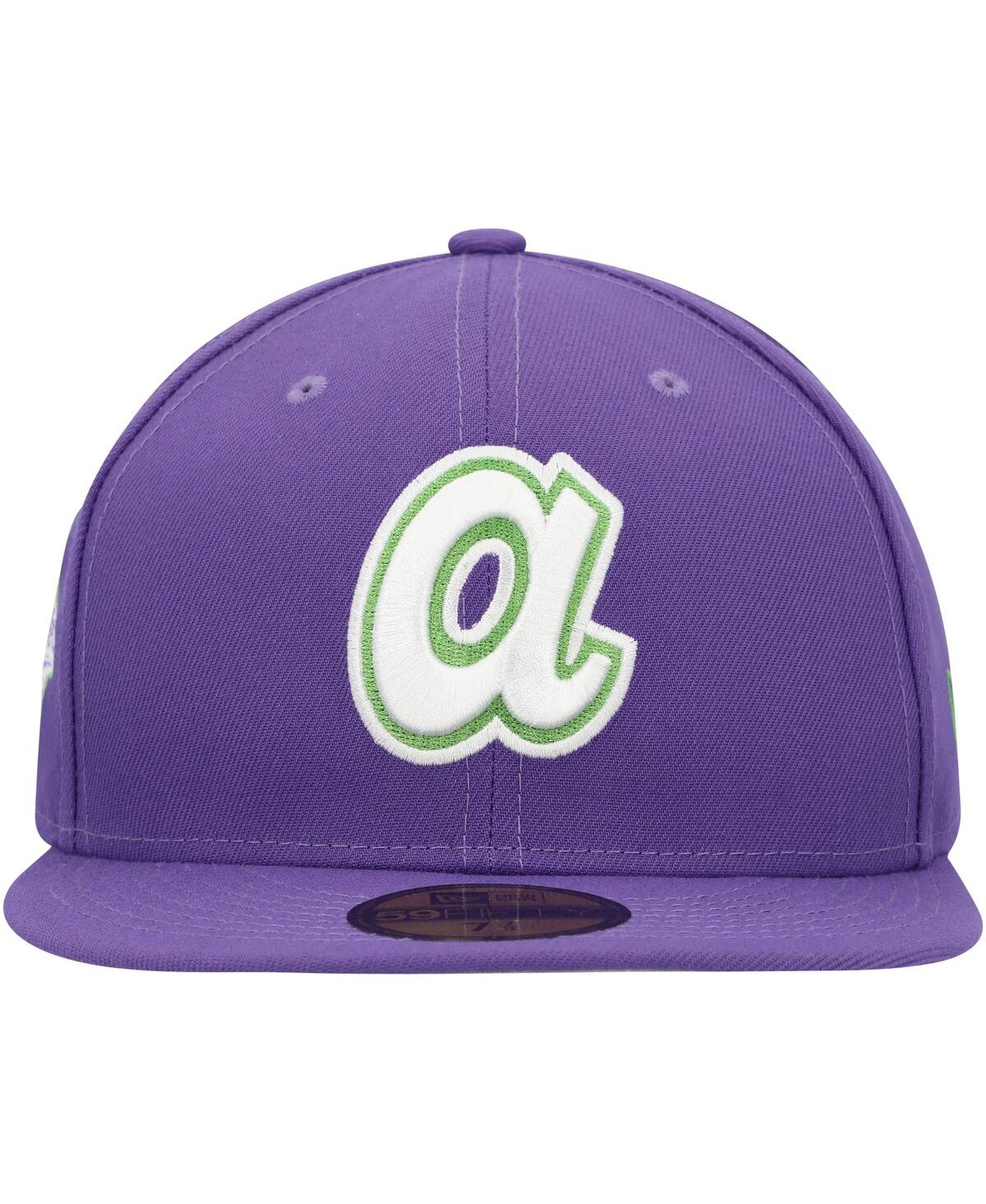 NEW ERA MEN'S NEW ERA PURPLE ATLANTA BRAVES LIME SIDE PATCH 59FIFTY FITTED HAT 
