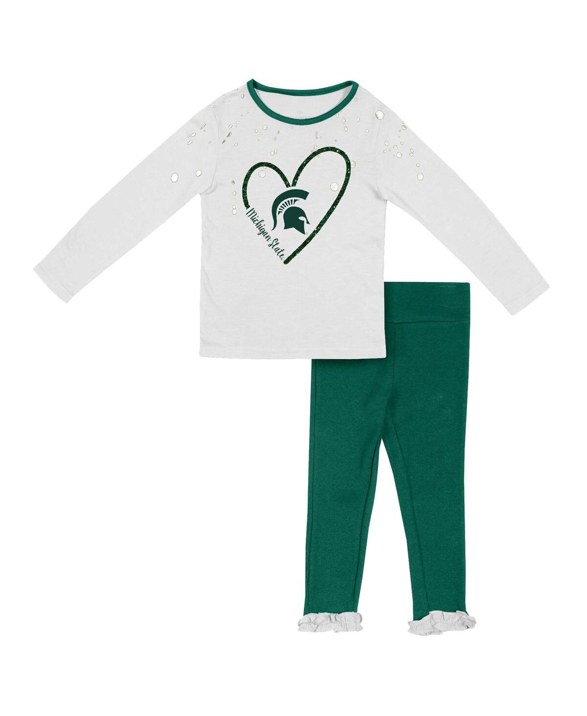 Colosseum Babies' Girls Toddler  White, Green Michigan State Spartans Onstage Long Sleeve T-shirt And Legging In White,green