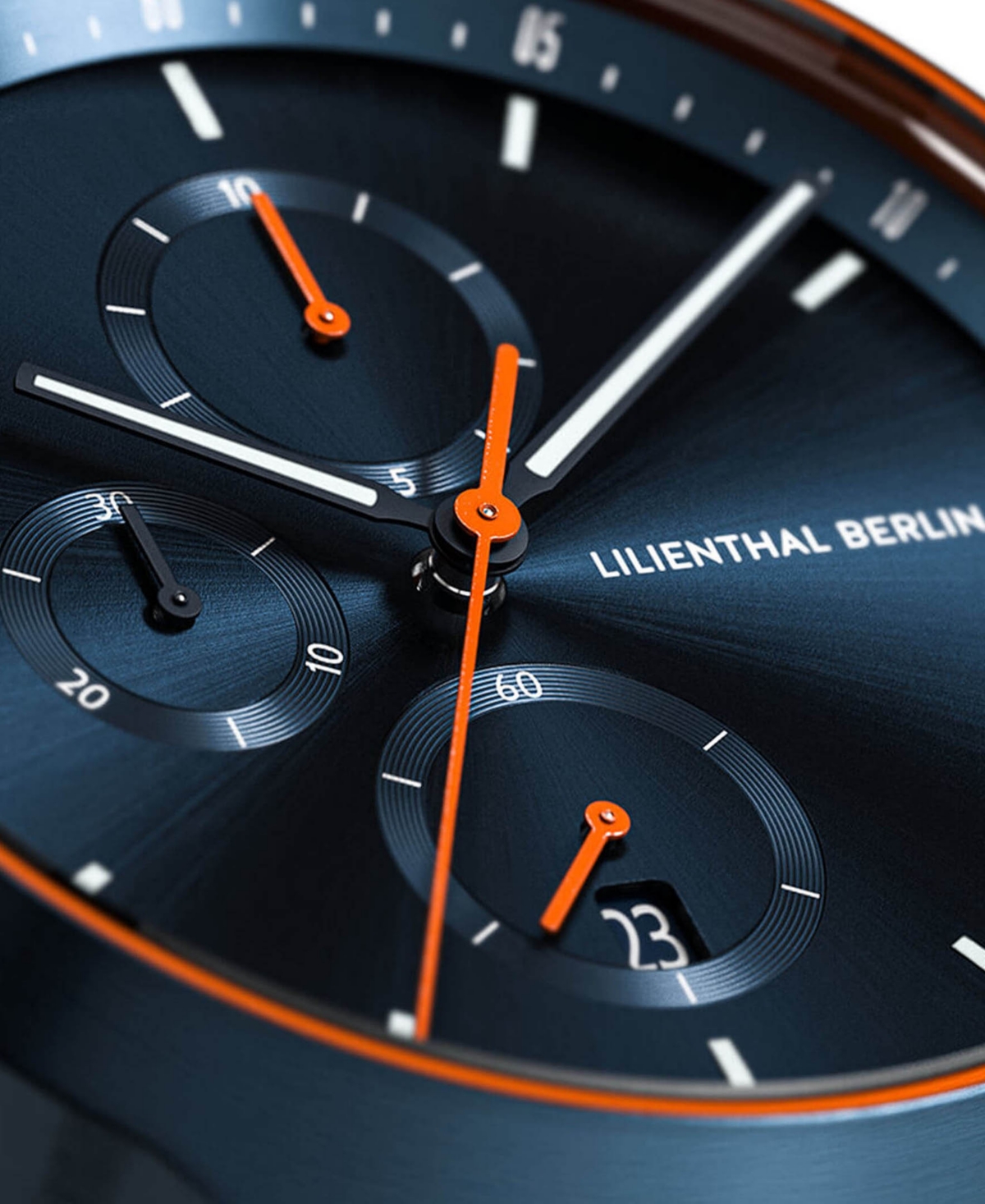 LILIENTHAL BERLIN MEN'S BLUE ORANGE CHRONOGRAPH BLUE STAINLESS STEEL LINK WATCH 42MM 