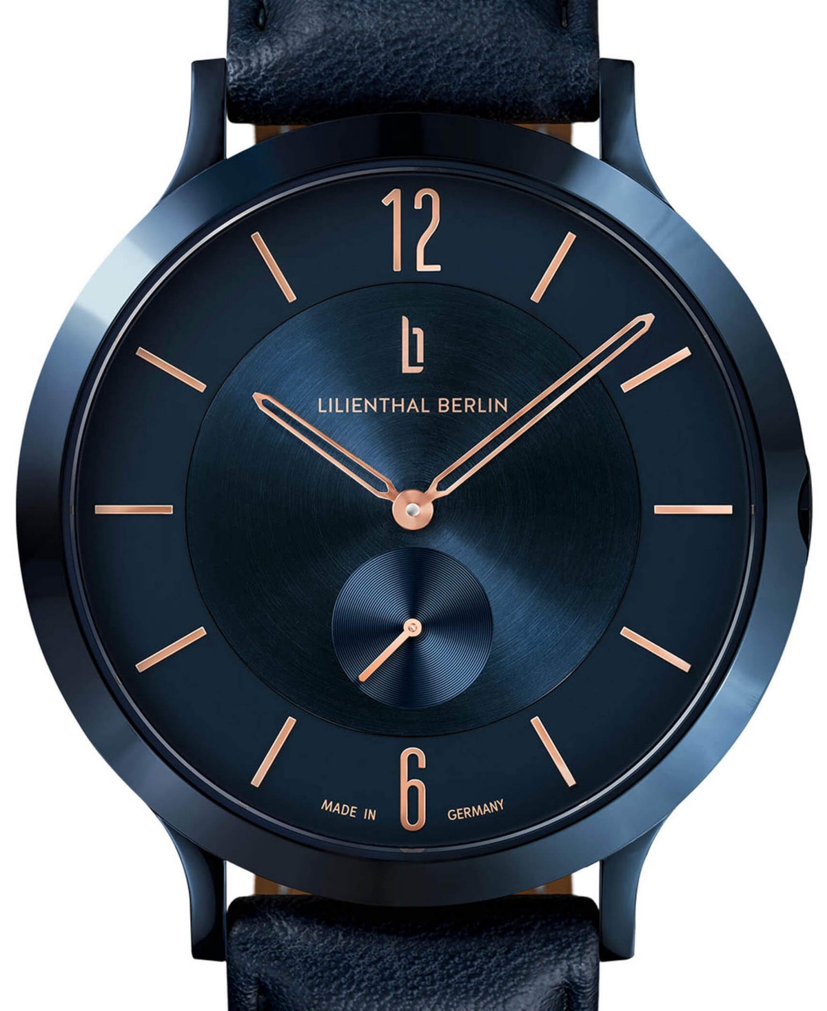 LILIENTHAL BERLIN MEN'S THE CLASSIC BLUE ROSE GOLD NAVY BLUE LEATHER WATCH 42MM 