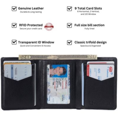 Mens Leon Trifold Wallet RFID Safe Bifold Genuine Leather ID Window