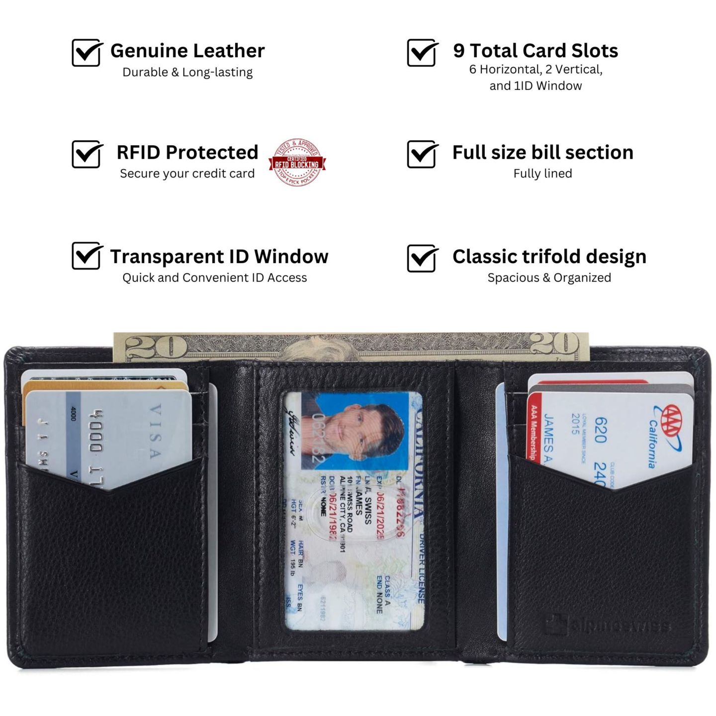 Мужской кошелёк Alpine Swiss Leon Trifold Wallet RFID Safe Bifold Genuine Leather ID Window, цвет: Чёрный — фото 3