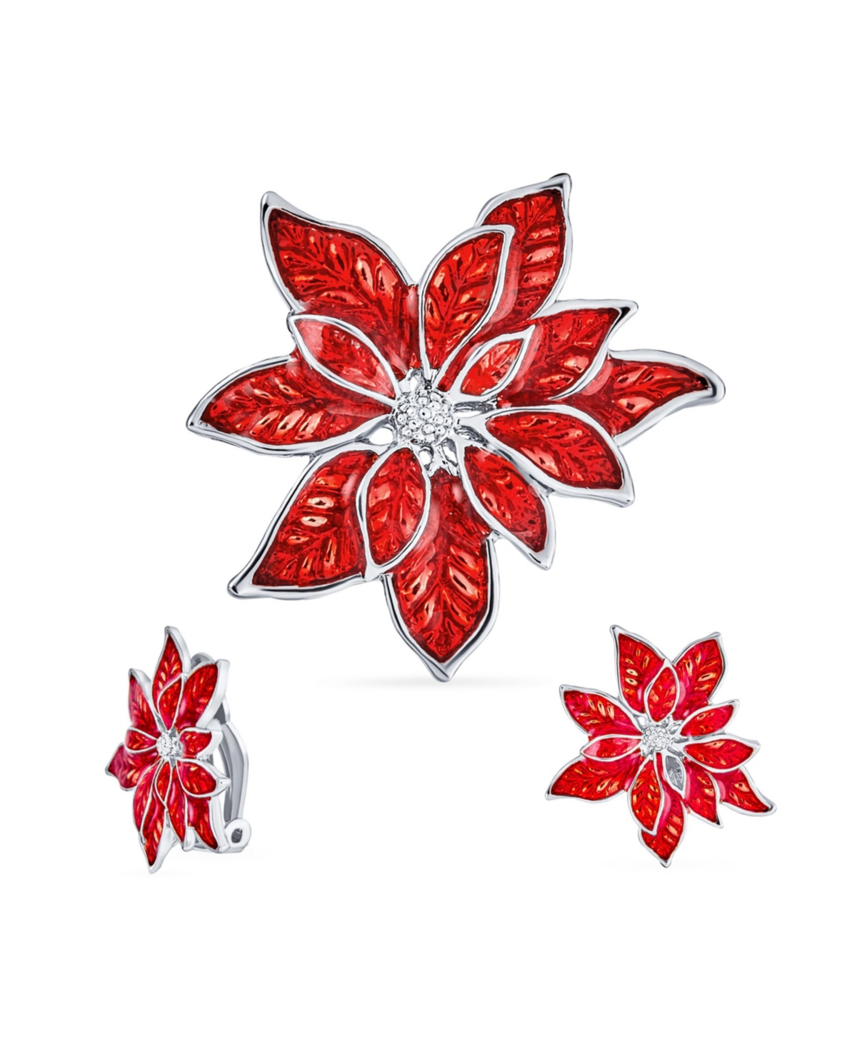 Large Statement Flower Holiday Party White Red Enamel Poinsettia Brooch Clip On Earrings Christmas Scarf Pin Jewelry Set For Women - Gold set