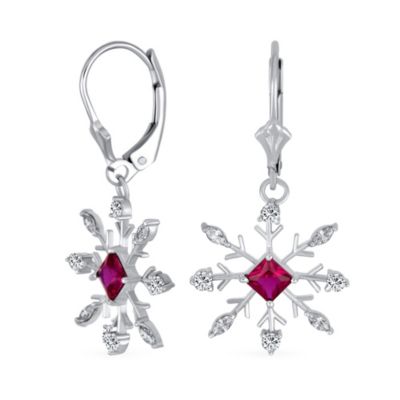 Holiday Party Christmas Pink Rose CZ Clear Cubic Zirconia Snowflake Necklace Pendant Dangling Earrings Jewelry Set For Women Lever Back .925 sterling Silver