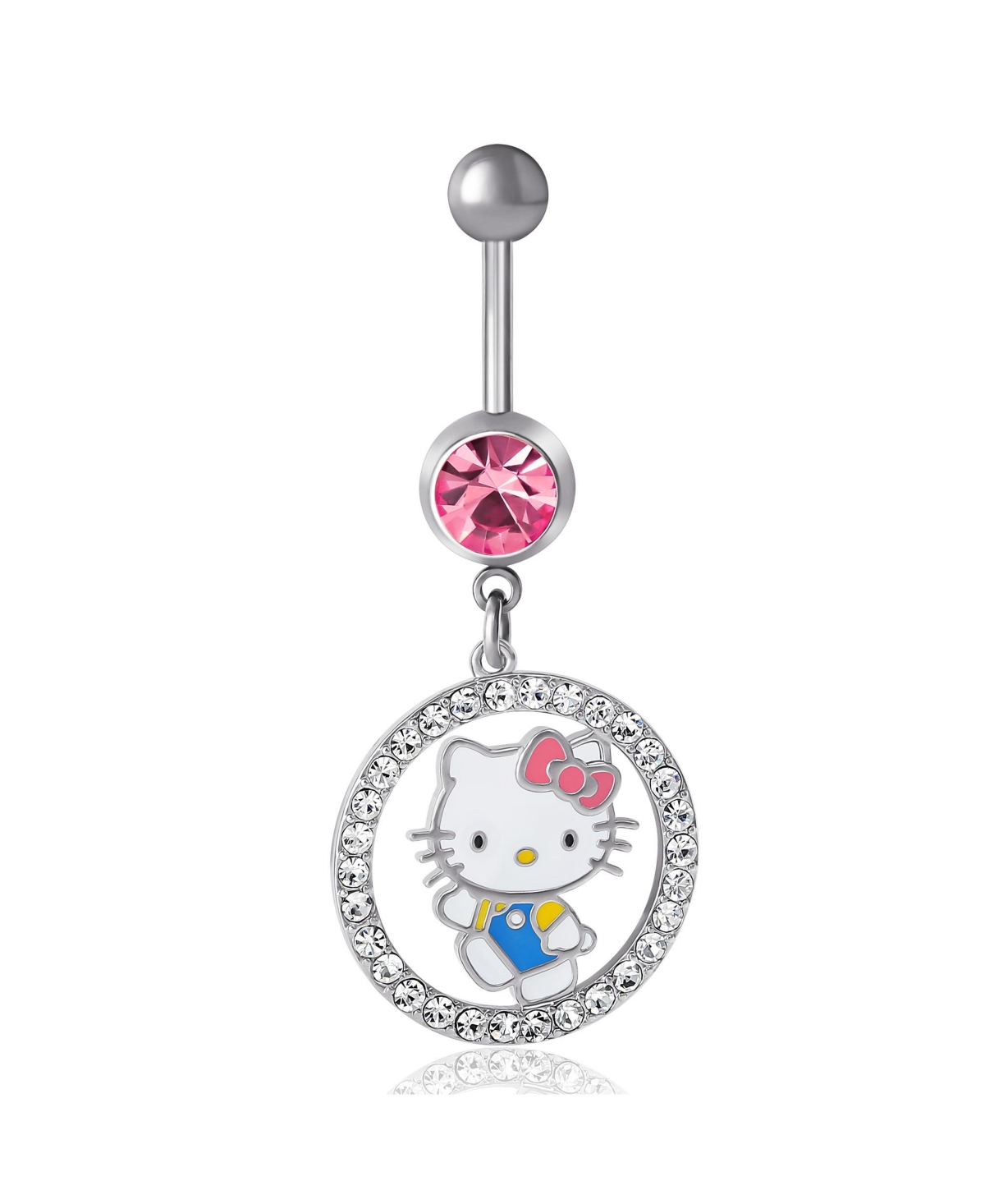 Sanrio 14G Stainless Steel (316L) Piercing Element Dangle Belly Button Ring - Crystal Ring - Silver tone, pink