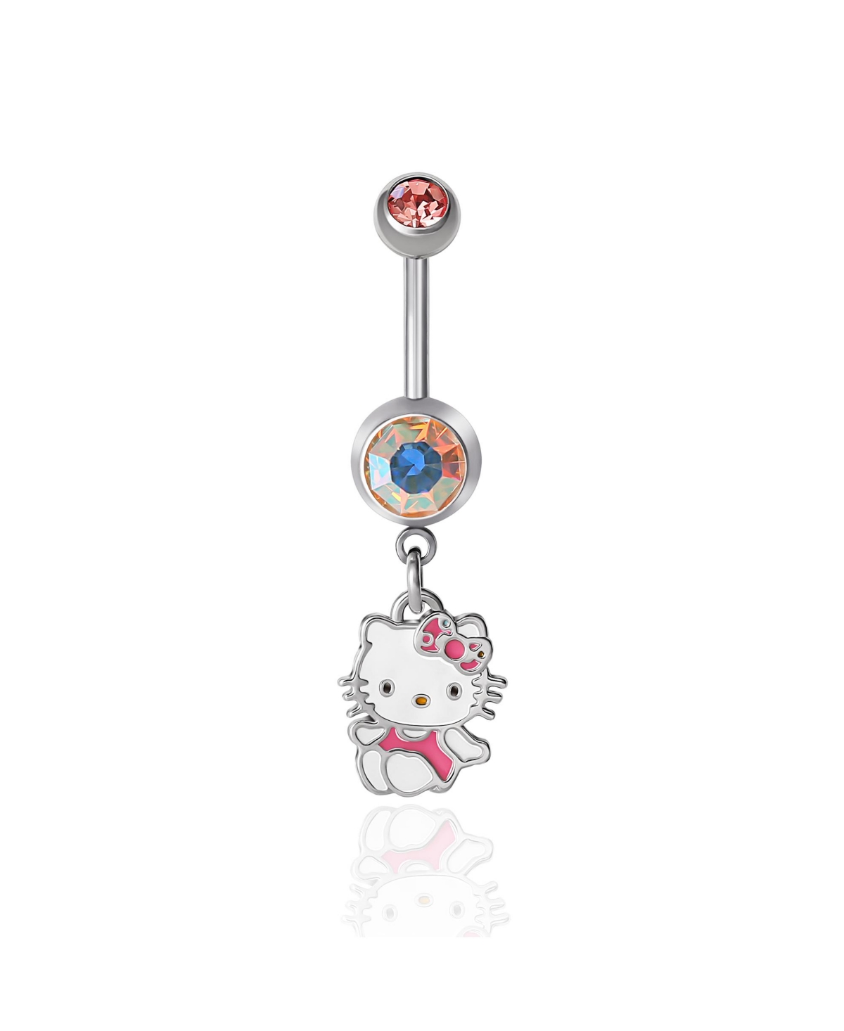 Sanrio Hello Kitty Authentic Officially Licensed Womens 14G Stainless Steel Light Rose Crystal Belly Button Ring - Hello Kitty Dangle - Pink, white