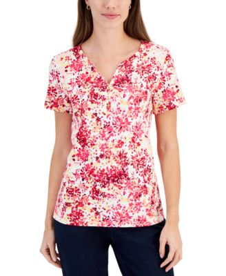 Karen Scott - Women's Short-Sleeve Floral-Print Henley Top