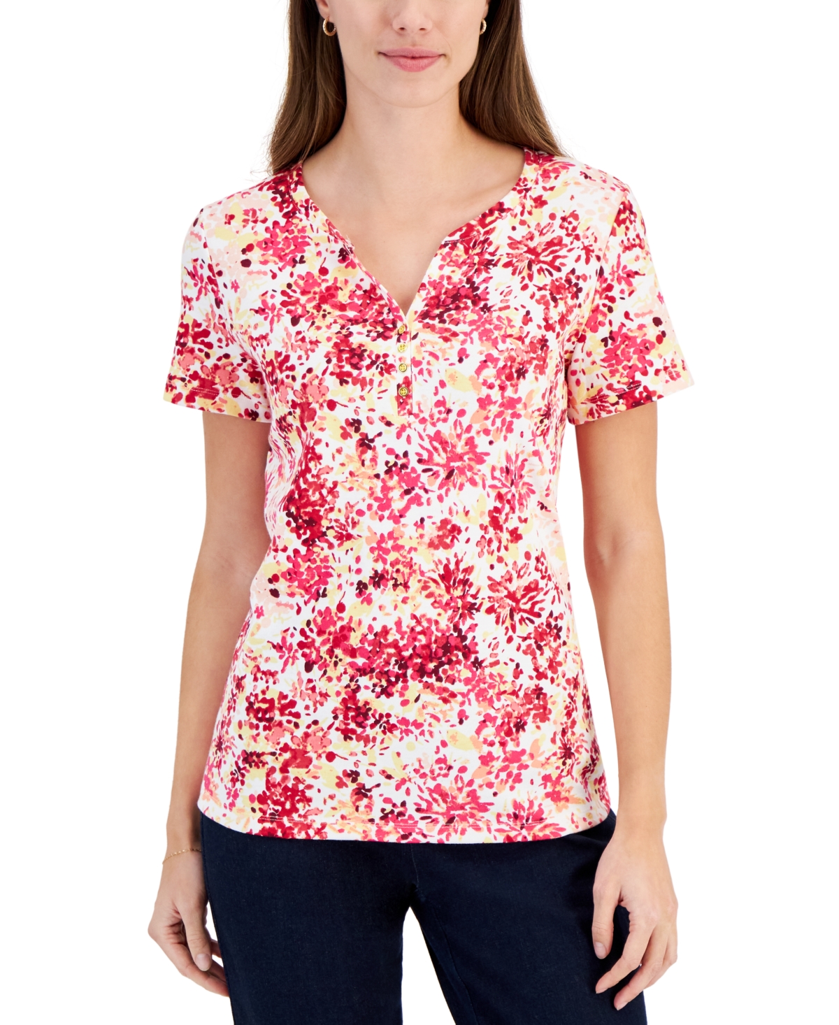 Women's Short-Sleeve Floral-Print Henley Top, Created for Macy's - Steel Rose