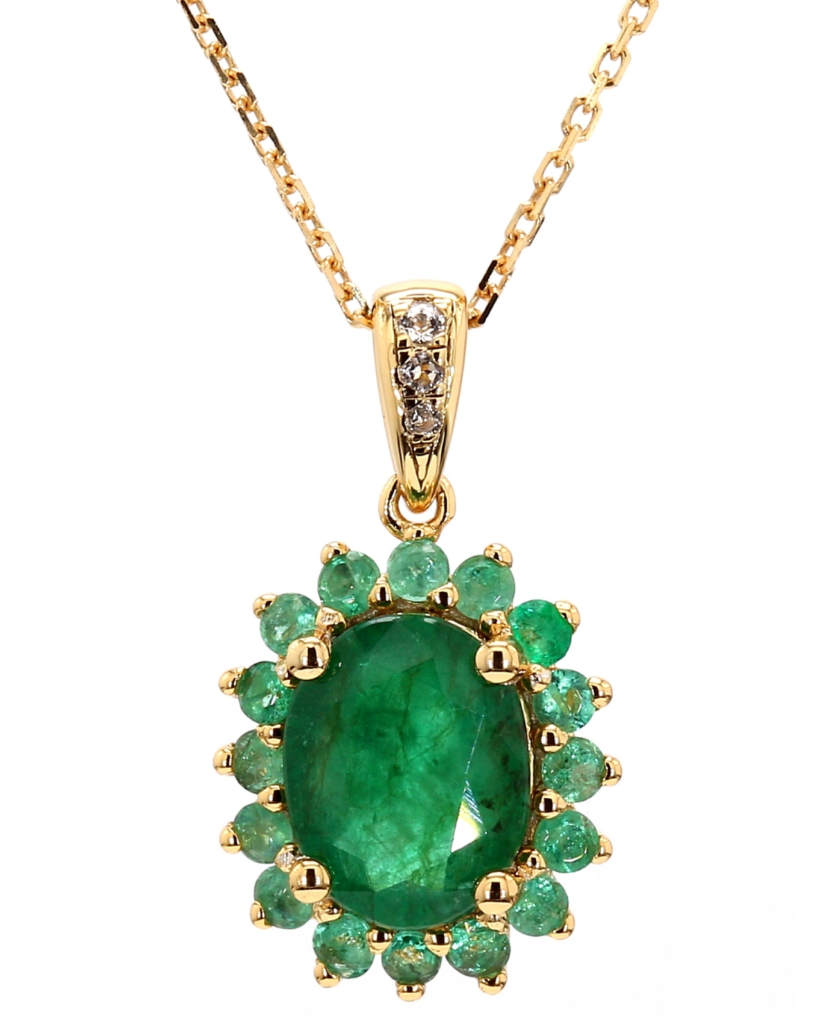 Macy's Emerald (3-5/8 Ct. T.w.) & White Topaz (1/20 Ct. T.w.) Halo 18" Pendant Necklace In Gold-plated Ster