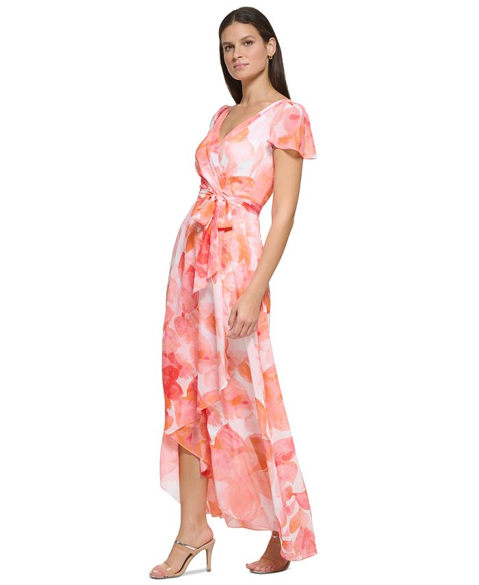 DKNY Women's Floral-Print Flutter-Sleeve Wrap Gown - Macy's
