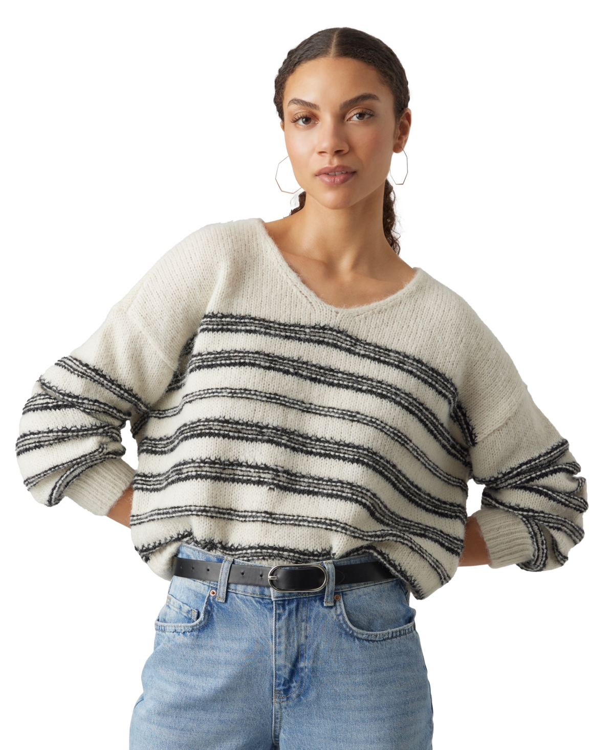 Vero Moda Women's Textured-stripe V-neck Sweater In Birch,black Stripe