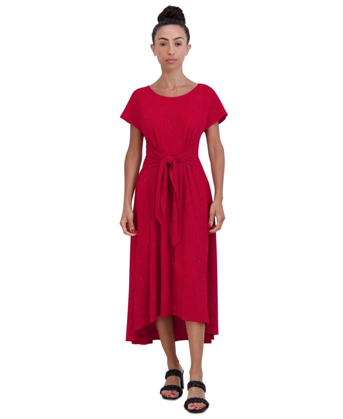 Women's Round-Neck Tie-Waist High-Low Hem Dress - Red