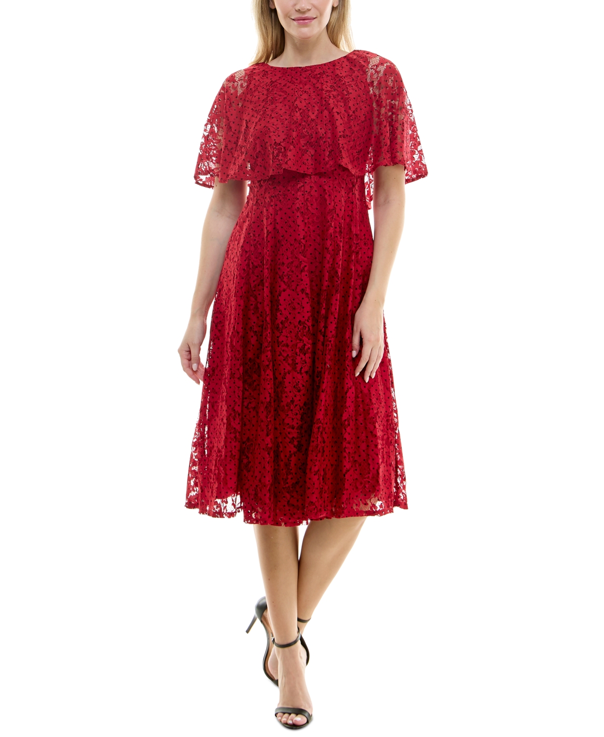 Women's Printed Lace Midi Cape Dress - Red/black
