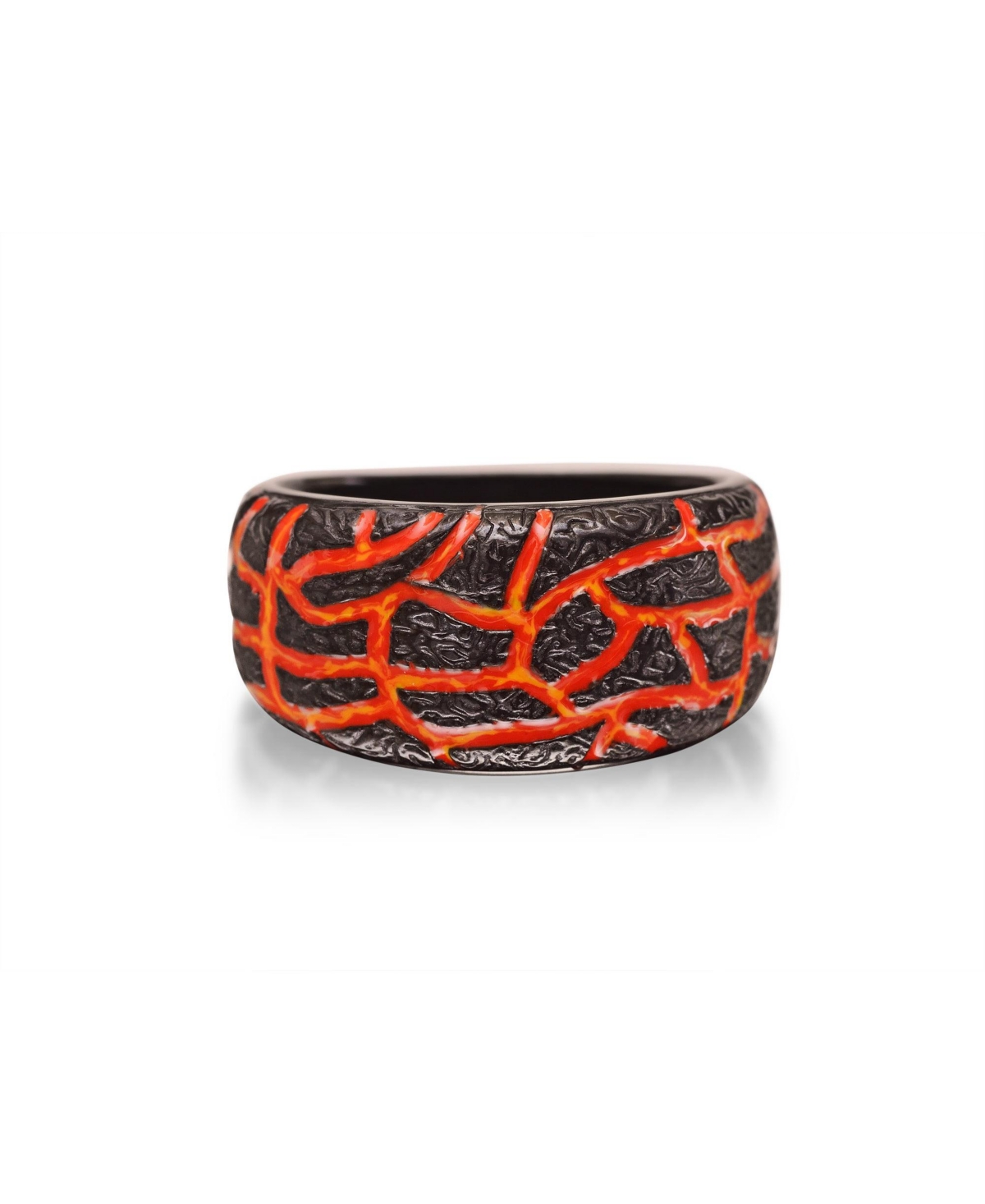 Rivers of Fire Design Sterling Silver Black Rhodium Plated, Enamel Band Men Ring - Red