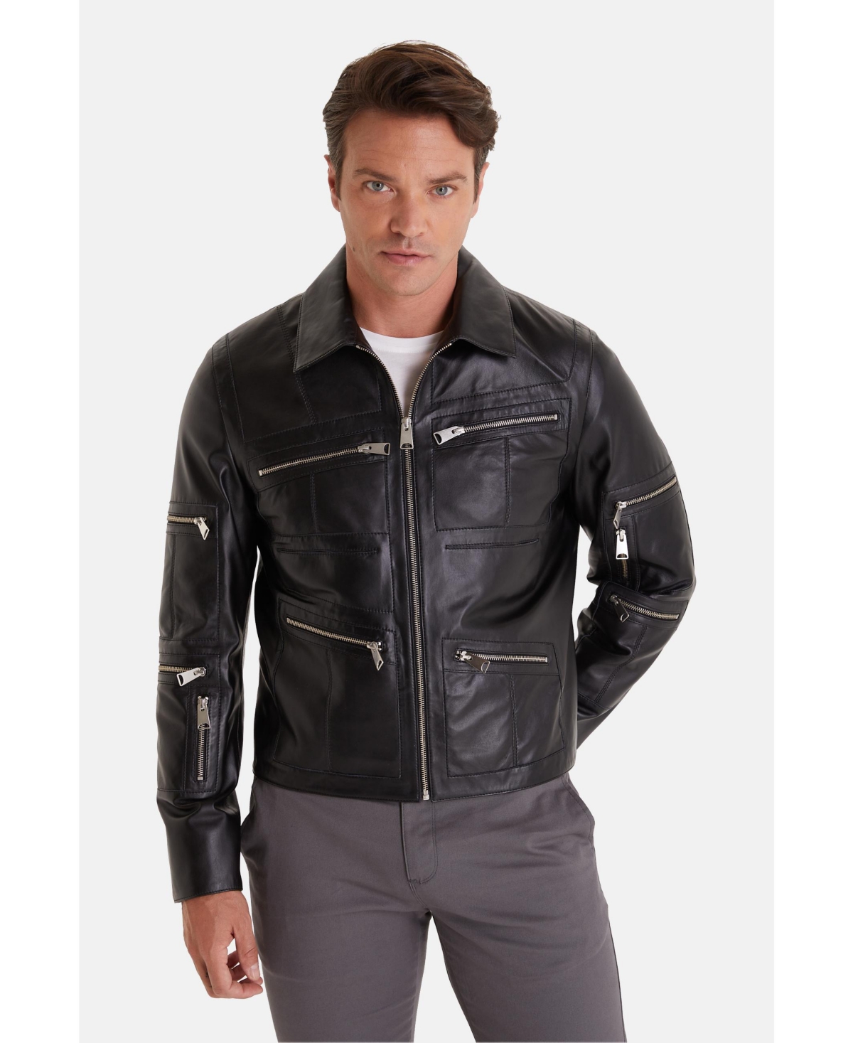 Men's Leather Fashion Jacket, Black - Black