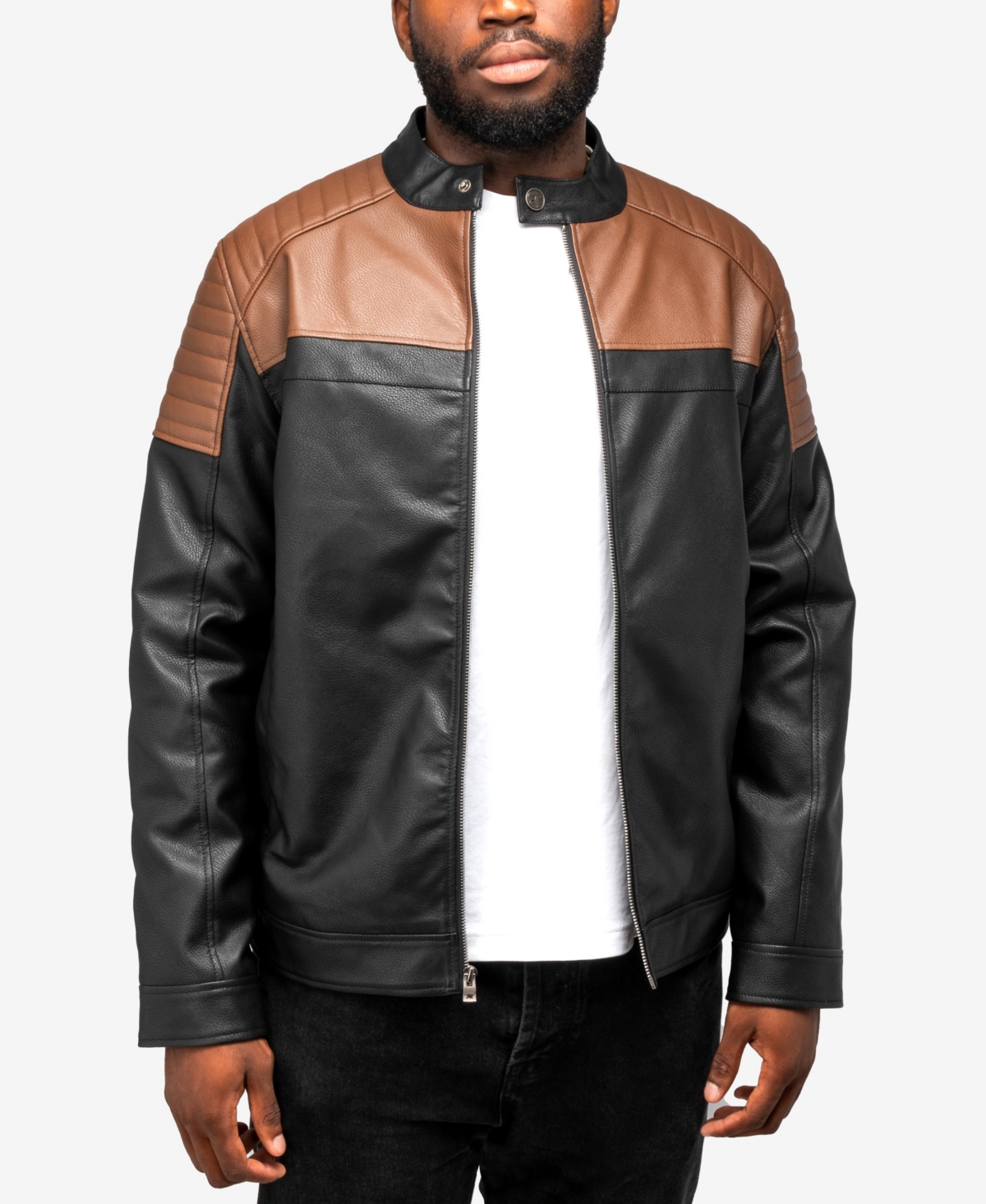 Shop X-ray Men's Grainy Polyurethane Quilted Sleeves Jacket With Faux Shearling Lining In Brown,black
