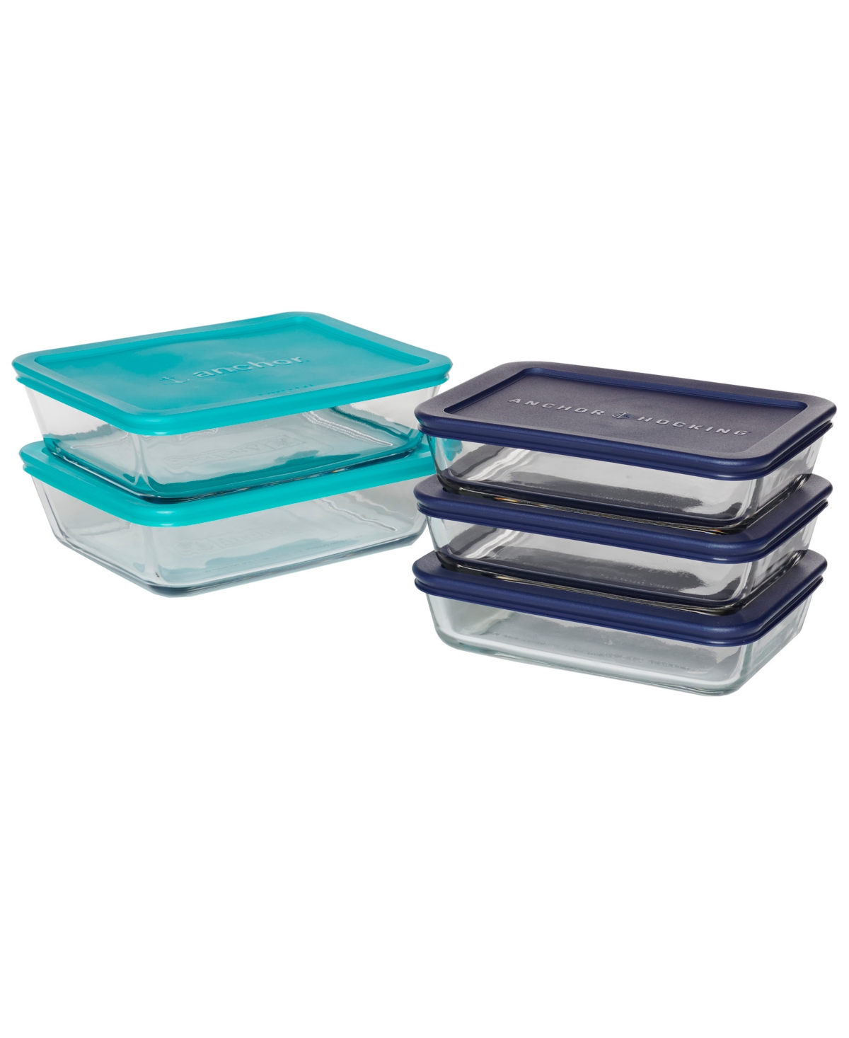 Anchor Hocking 10 Pc Rectangular Meal Prep Food Storage Set In Clear Glass,mixed Blue Lids