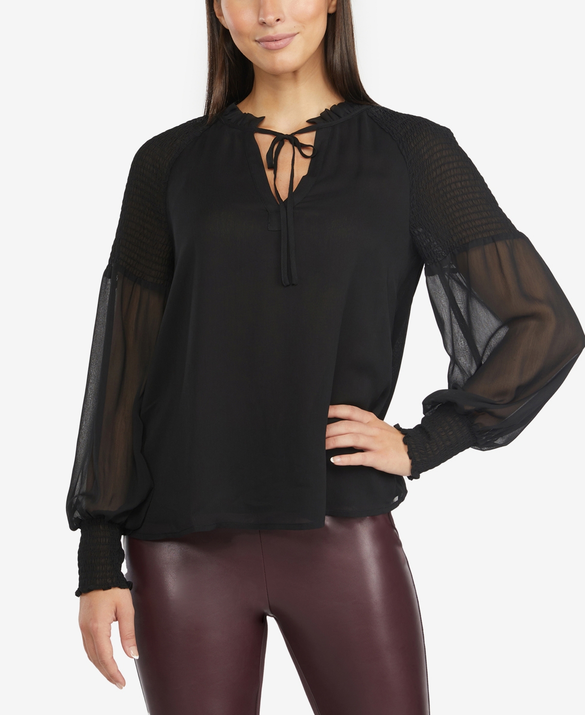 Womens Balloon Sleeve Blouse with Smocked Detail - Black