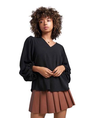 Women's Salem Oversized V-Neck Front Blouse with Balloon Sleeves and Elastic cuff