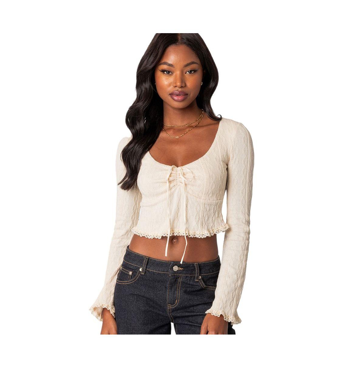 Edikted Lacey Long Sleeve Knit Crop Top In Neutral