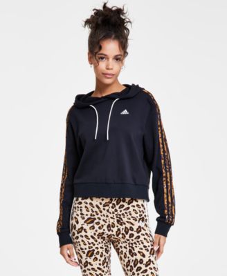 아디다스 Adidas Womens Essentials 3-Stripe Animal-Print Cropped Hoodie,Black