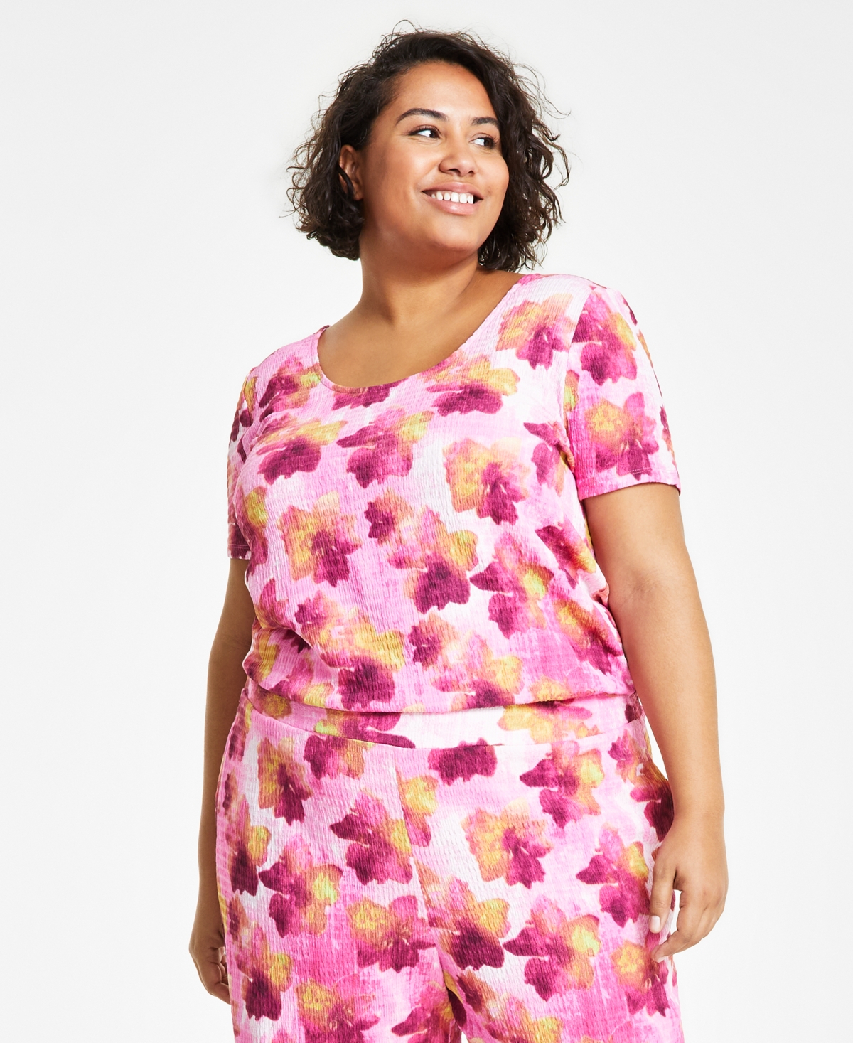 Trendy Plus Size Textured Printed Short-Sleeve Top, Created for Macy's - Frankie Floral