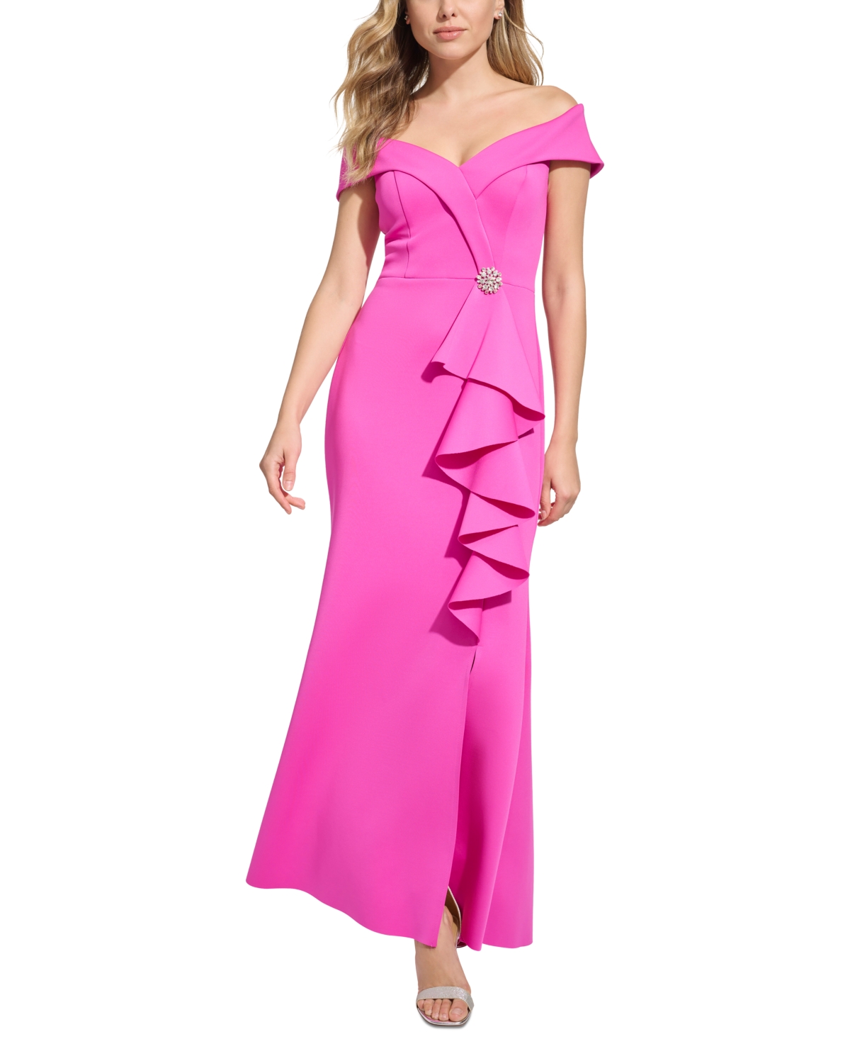 Jessica Howard Petite Off-the-shoulder Side-ruffle Gown In Fuchsia