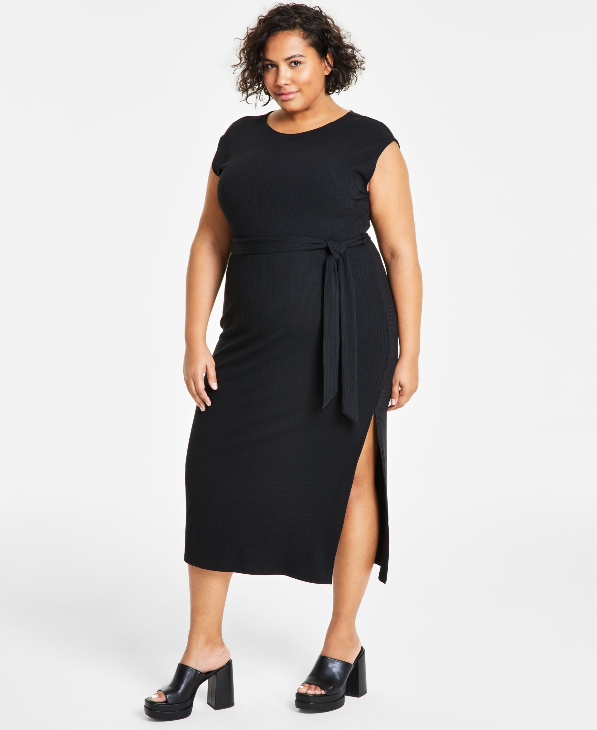 Trendy Plus Size Ribbed Cap-Sleeve Belted Dress, Created for Macy's - Clean Cornflower